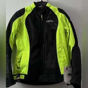 NWT Castle Women’s Desire Motorcycle Jacket Black/Neon Yellow Removable Pads